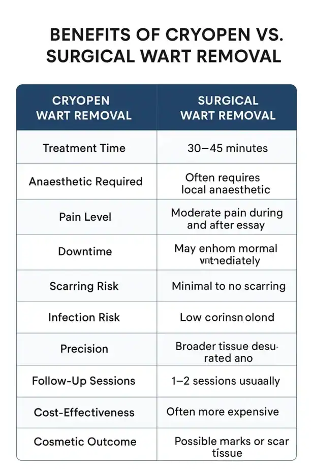Table showing the benefits of cryopen to remove warts Whitstable compared to surgical treatment